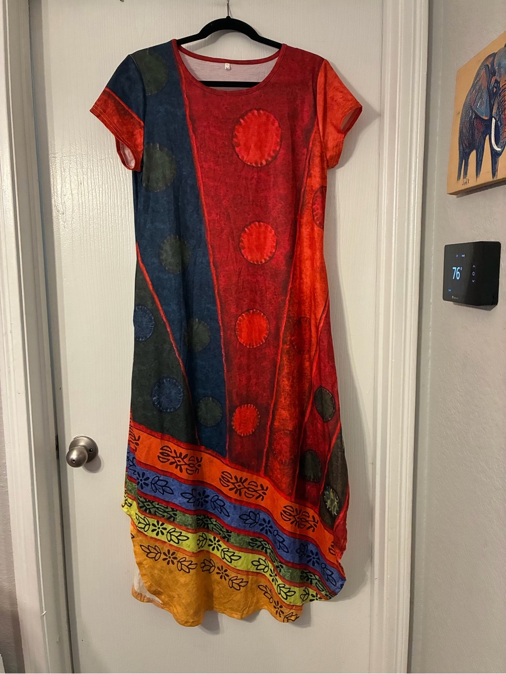 Boho Tribal Patchwork Multicolor Short-Sleeve Women’s Tshirt Dress Pockets M